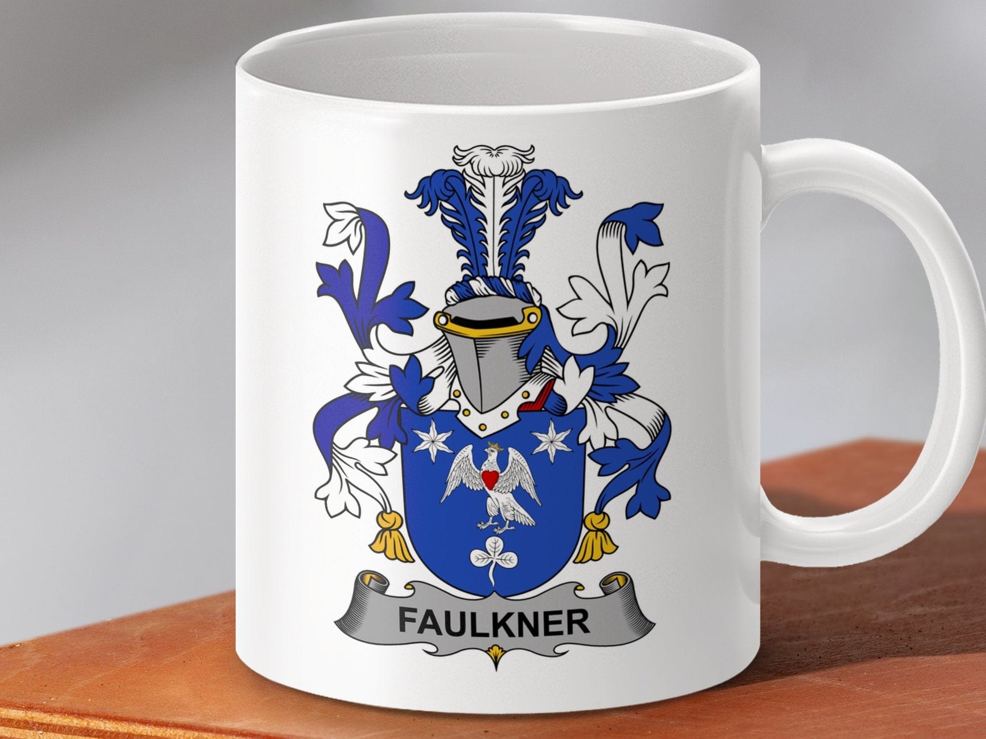 Physical Item 11oz / White Faulkner Surname Irish Heraldry Premium Coffee Mug