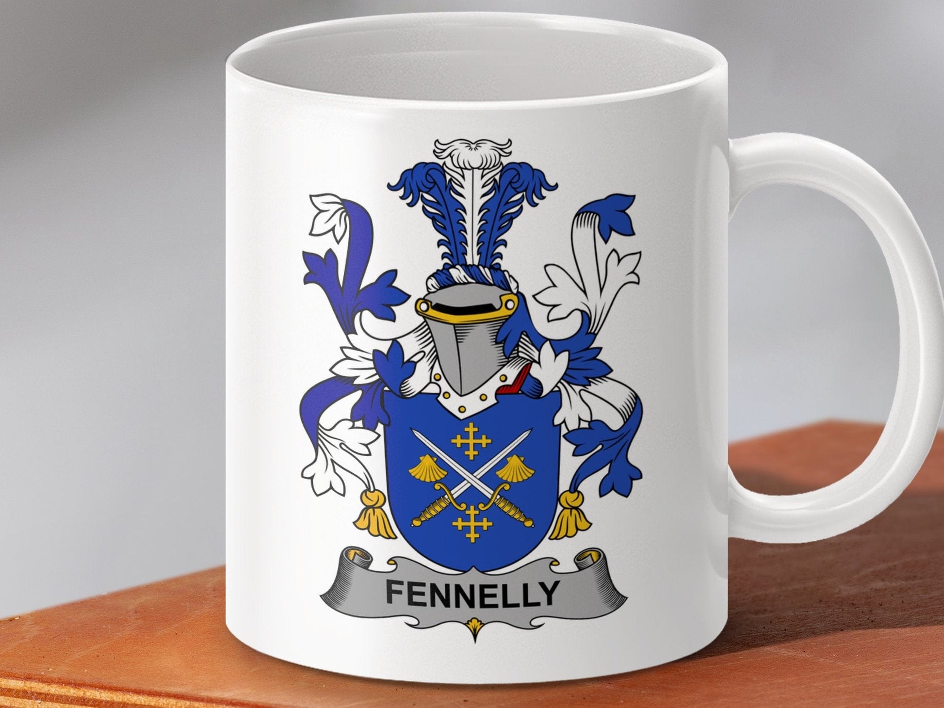 Physical Item 11oz / White Fennelly Surname Irish Heraldry Ceramic Mug