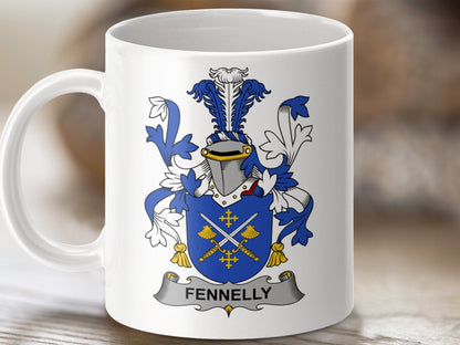 Physical Item 11oz / White Fennelly Surname Irish Heraldry Ceramic Mug