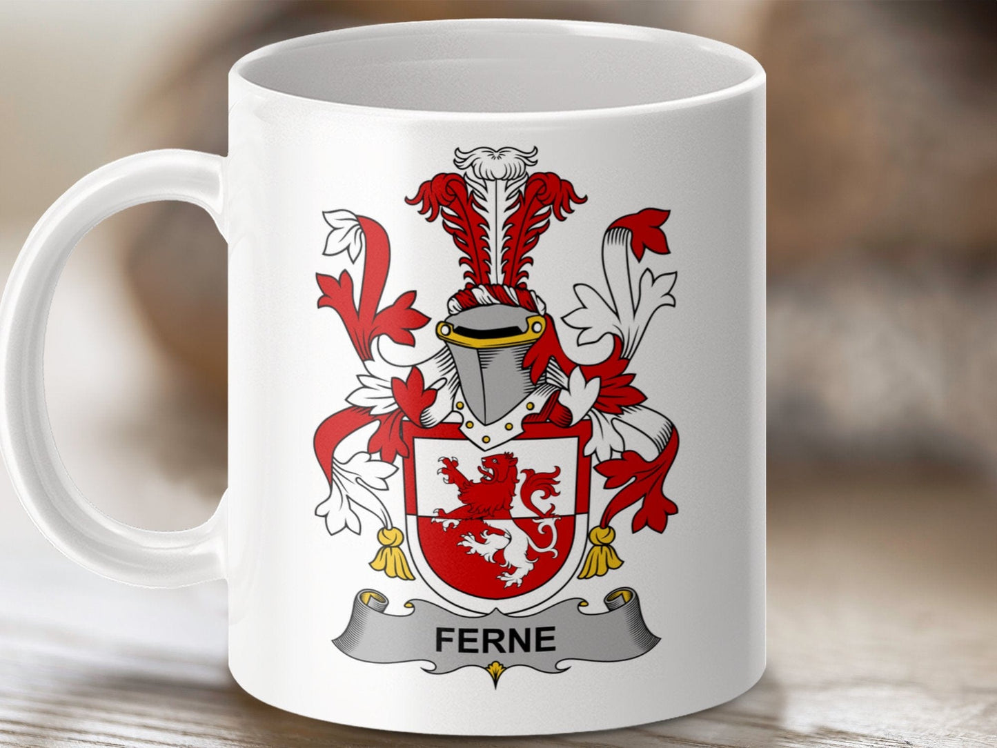 Physical Item 11oz / White Ferne Surname Irish Heraldry Ceramic Mug