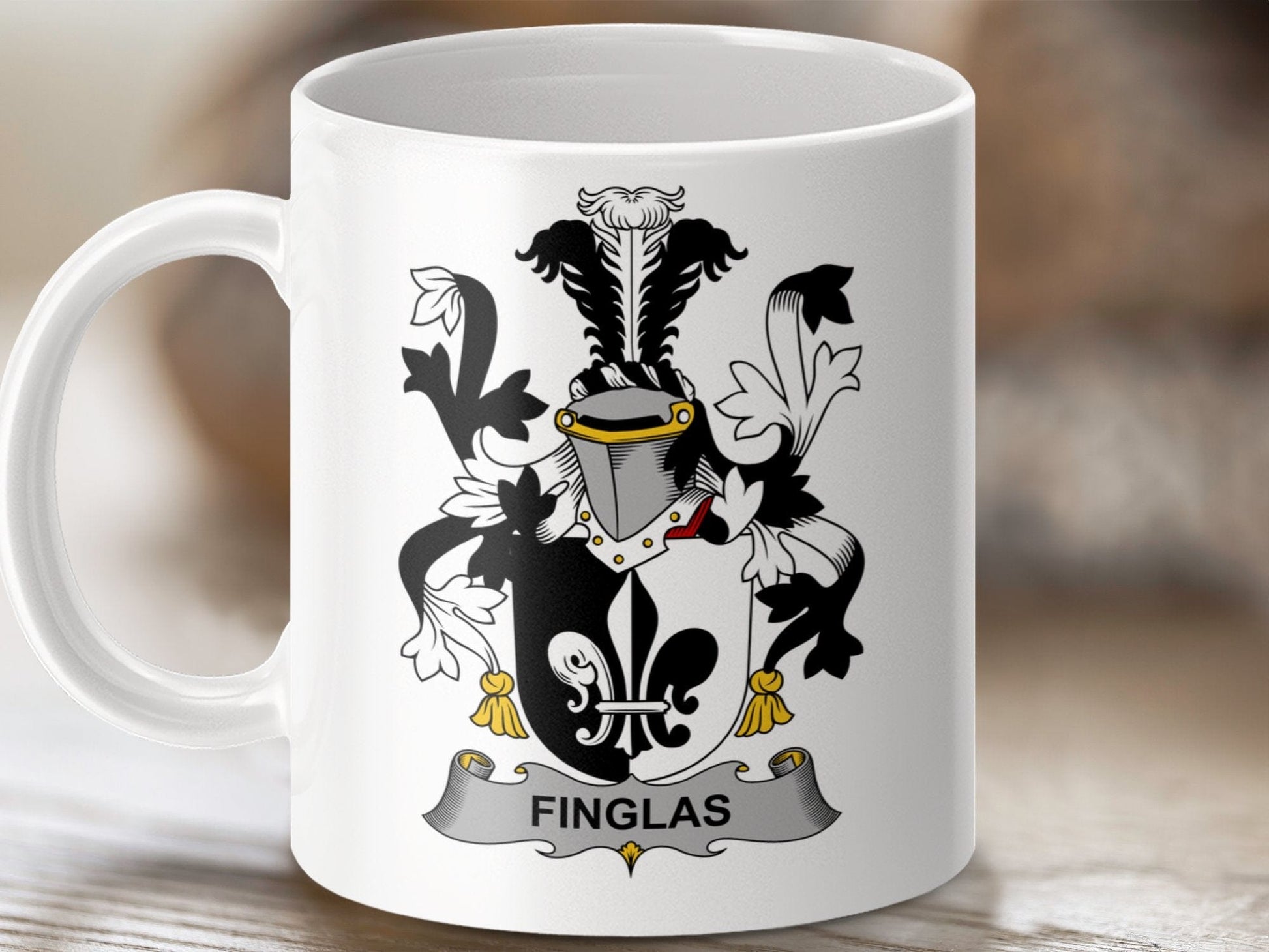 Physical Item 11oz / White Finglas Surname Irish Heraldry Ceramic Mug