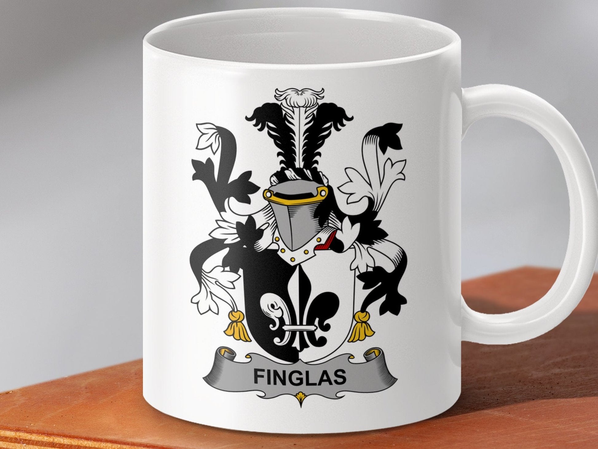 Physical Item 11oz / White Finglas Surname Irish Heraldry Ceramic Mug