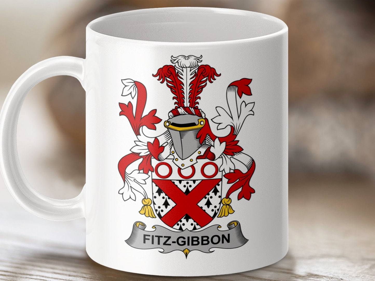 Physical Item 11oz / White Fitz-Gibbon Surname Irish Heraldry Ceramic Mug