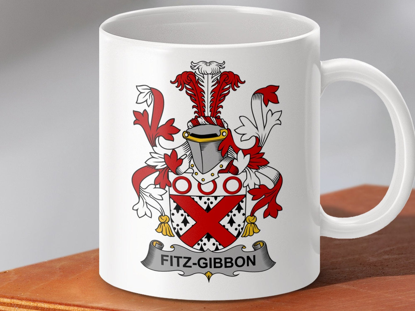 Physical Item 11oz / White Fitz-Gibbon Surname Irish Heraldry Ceramic Mug