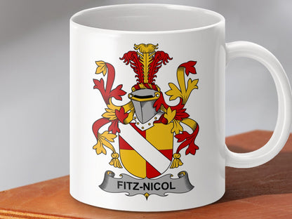 Physical Item 11oz / White Fitz-Nicol Surname Irish Heraldry Ceramic Mug