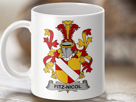 Physical Item 11oz / White Fitz-Nicol Surname Irish Heraldry Ceramic Mug