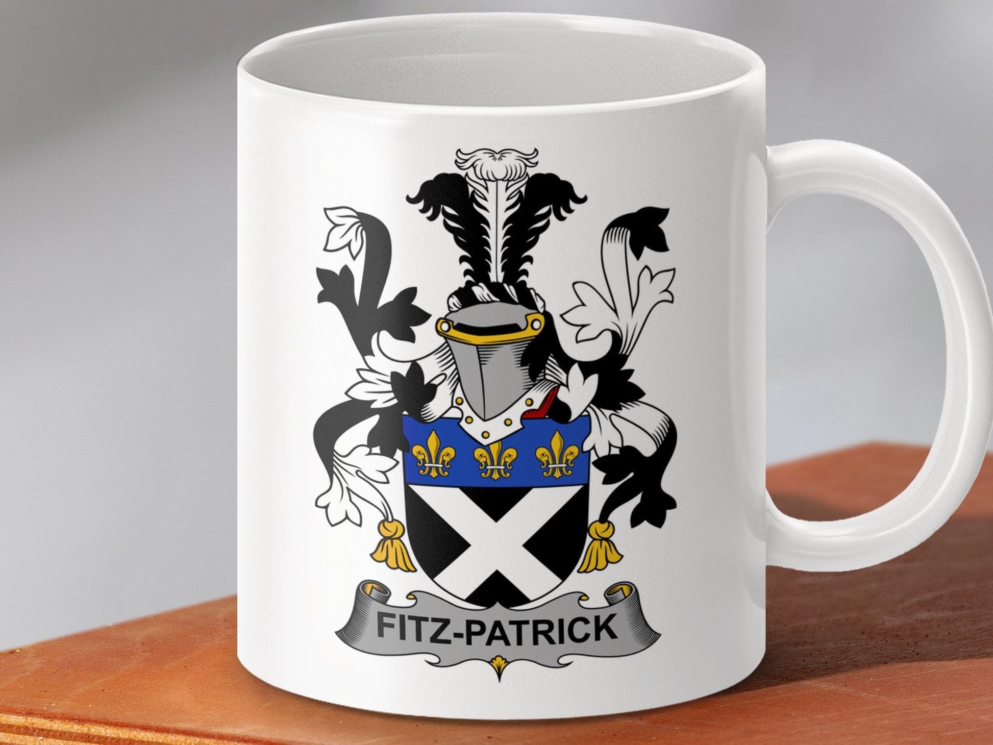 Physical Item 11oz / White Fitz-Patrick Surname Irish Heraldry Ceramic Mug