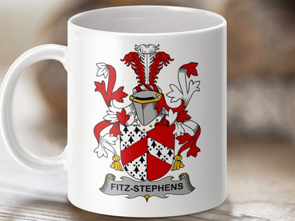 Physical Item 11oz / White Fitz-Stephens Surname Irish Heraldry Ceramic Mug