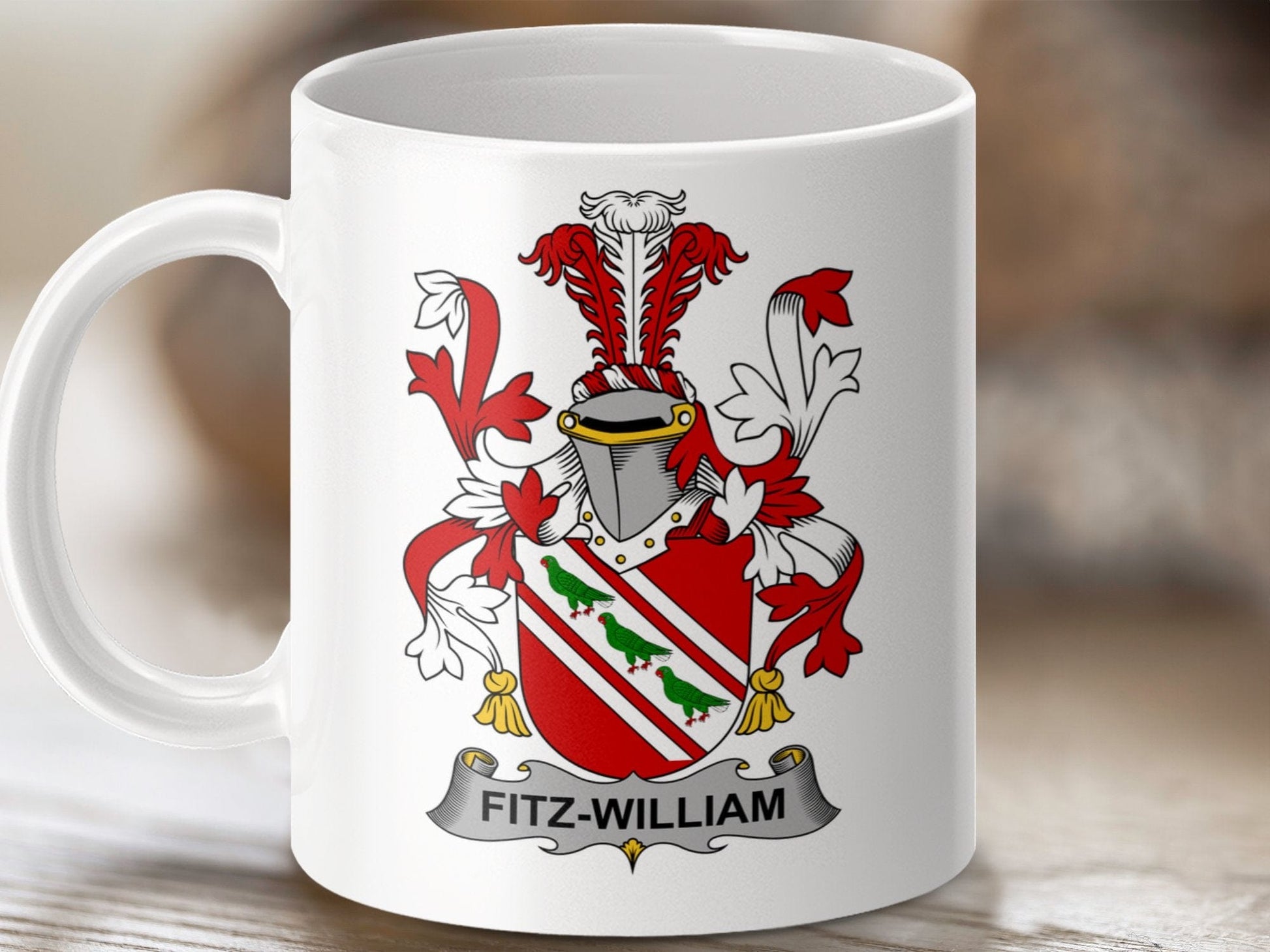 Physical Item 11oz / White Fitz-William Surname Irish Heraldry Ceramic Mug