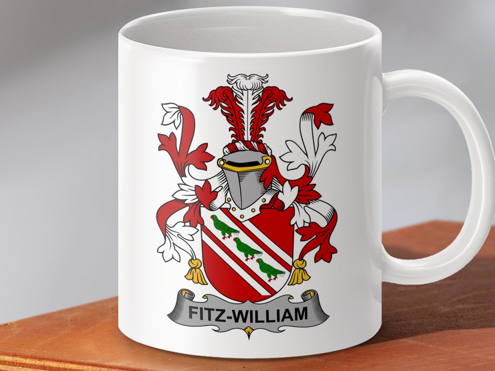 Physical Item 11oz / White Fitz-William Surname Irish Heraldry Ceramic Mug