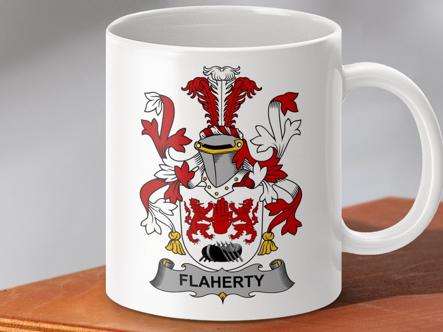 Physical Item 11oz / White Flaherty Surname Irish Heraldry Ceramic Mug