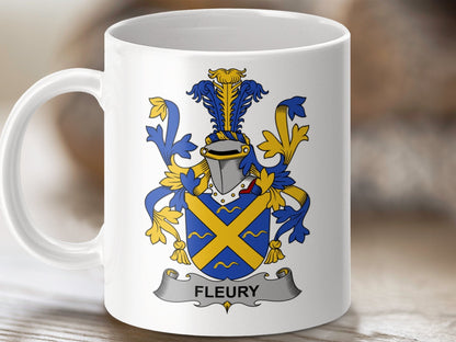 Physical Item 11oz / White Fleury Surname Irish Heraldry Ceramic Mug