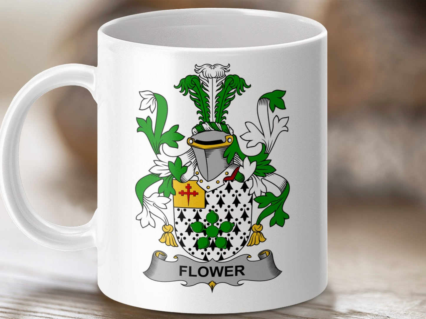 Physical Item 11oz / White Flower Surname Irish Heraldry Ceramic Mug