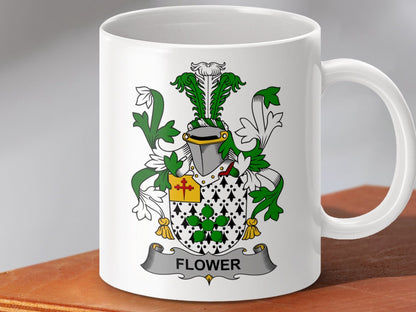 Physical Item 11oz / White Flower Surname Irish Heraldry Ceramic Mug