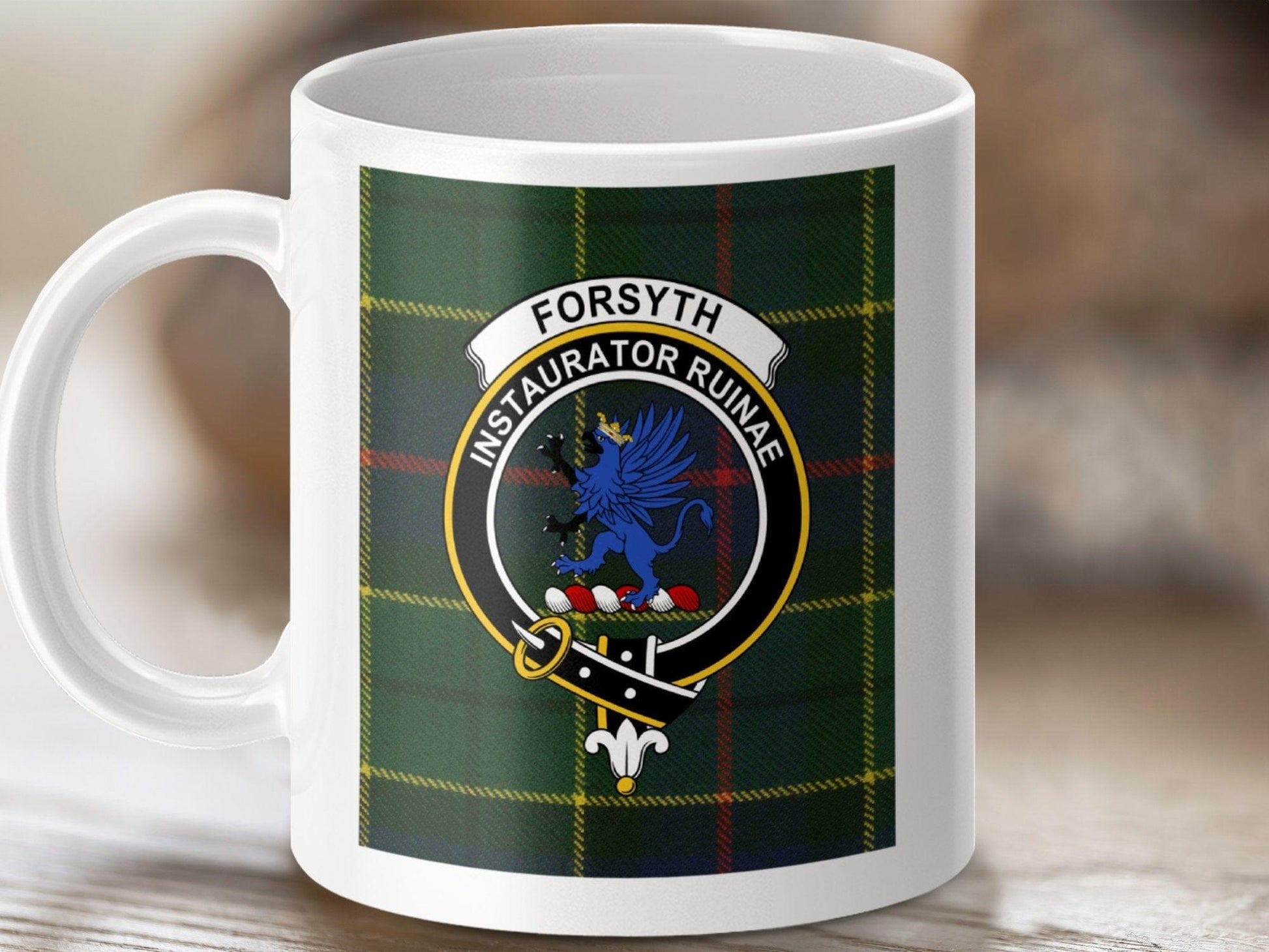 Physical Item 11oz / White Forsyth Clan Scottish Tartan Crest Mug