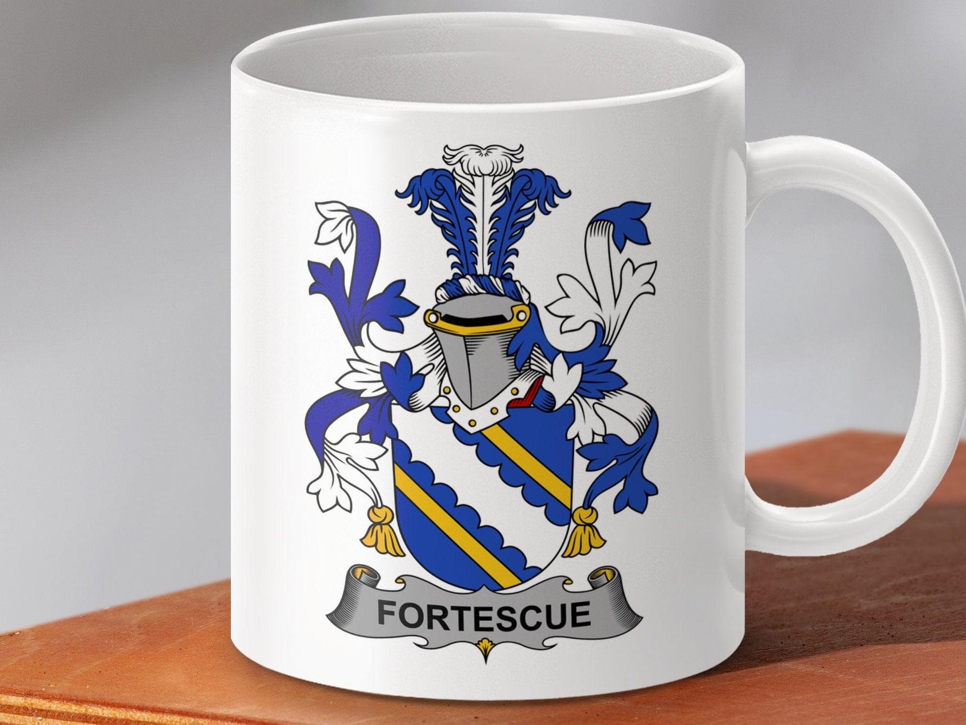 Physical Item 11oz / White Fortescue Surname Irish Heraldry Ceramic Mug