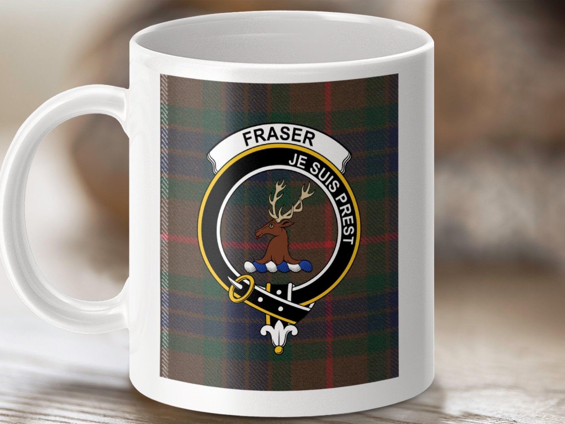 Physical Item 11oz / White Fraser Clan Scottish Tartan Crest Mug