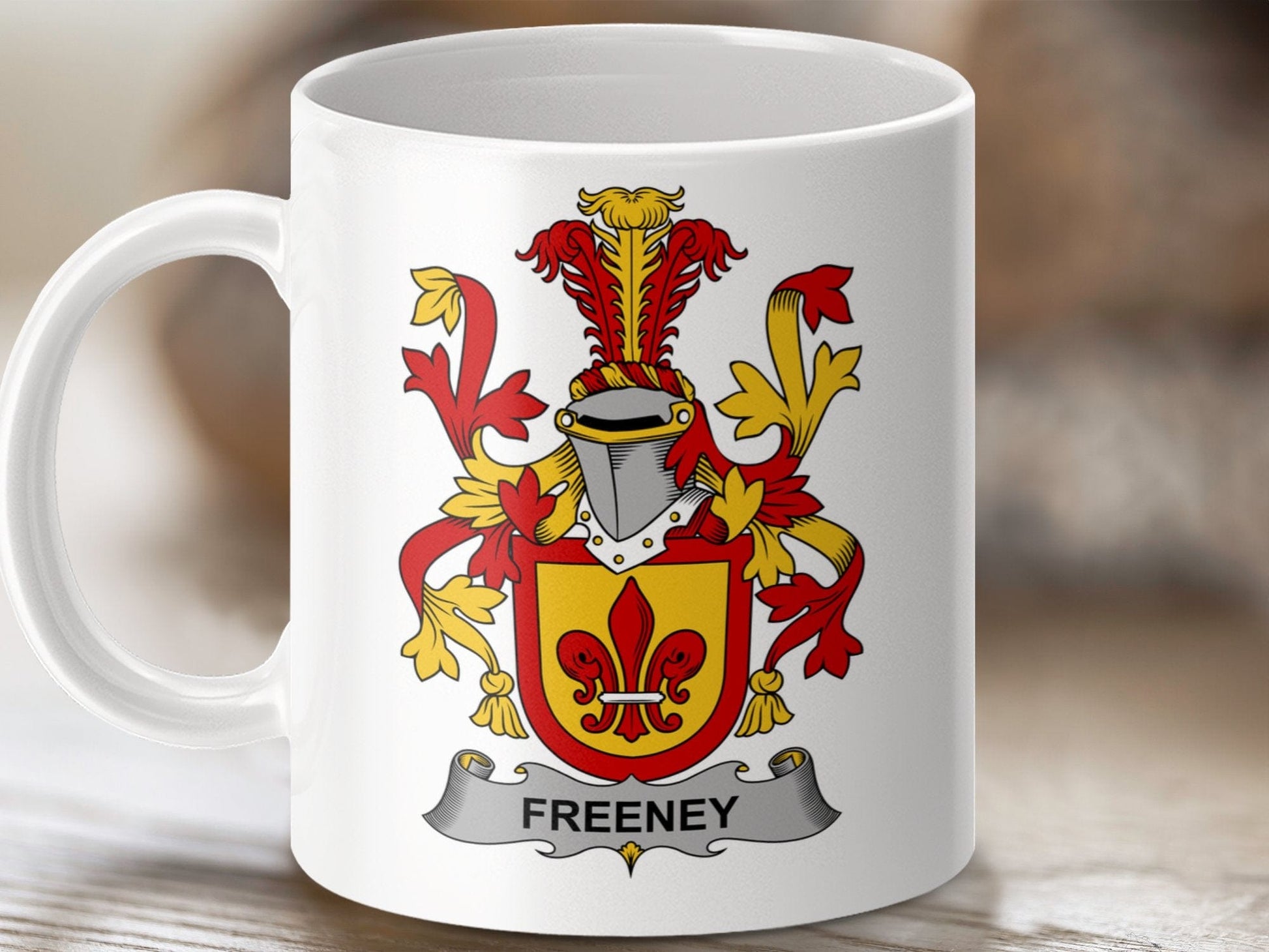 Physical Item 11oz / White Freeney Surname Irish Heraldry Ceramic Mug