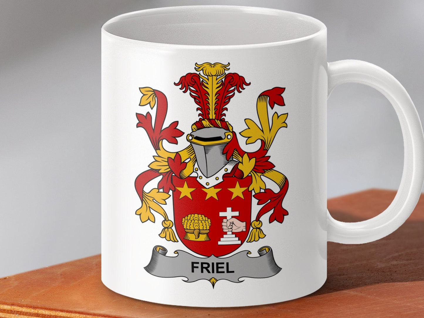 Physical Item 11oz / White Friel Surname Irish Heraldry Ceramic Coat of Arms Mug