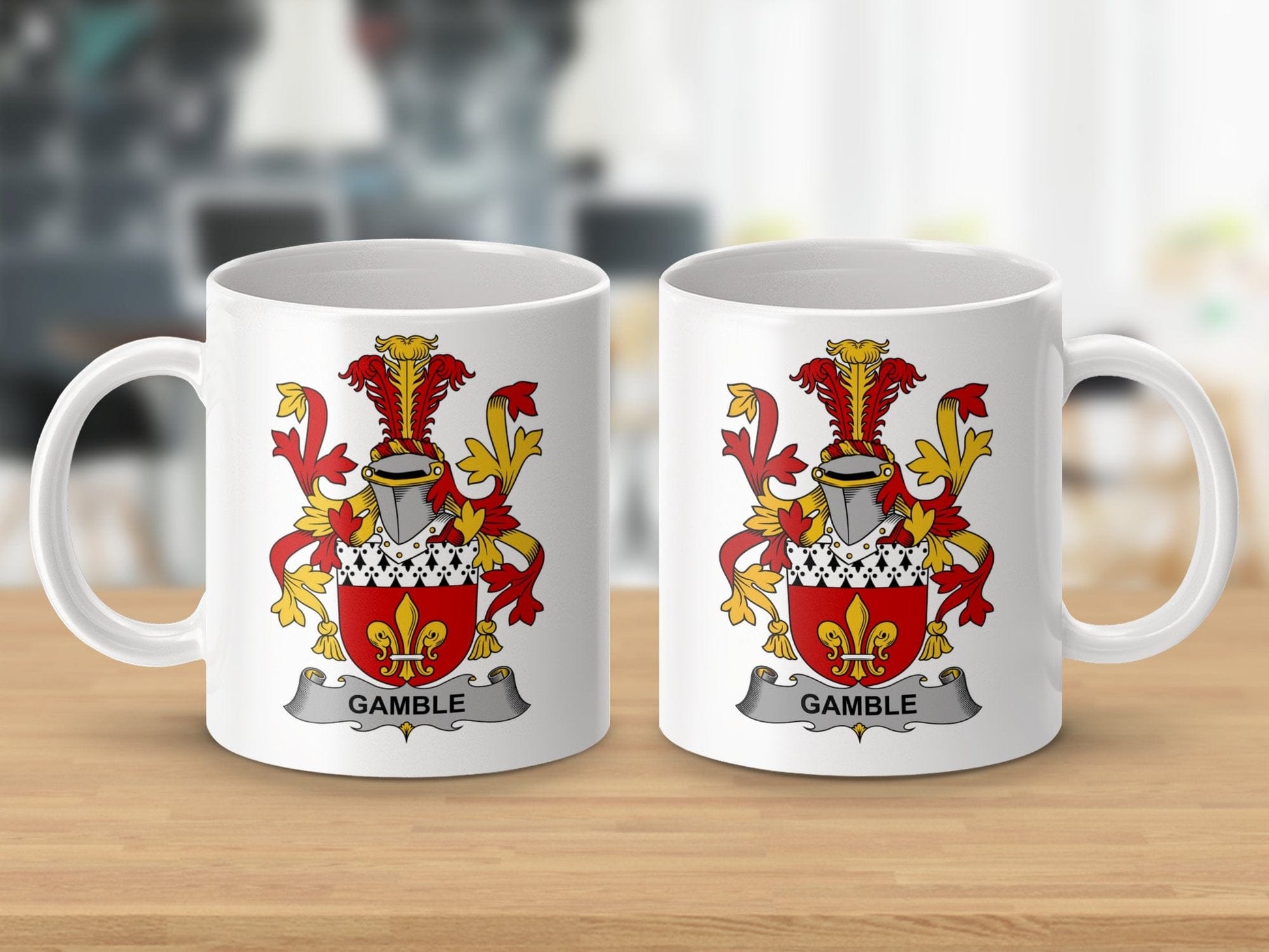 Physical Item 11oz / White Gamble Surname Irish Heraldry Coat of Arms Mug