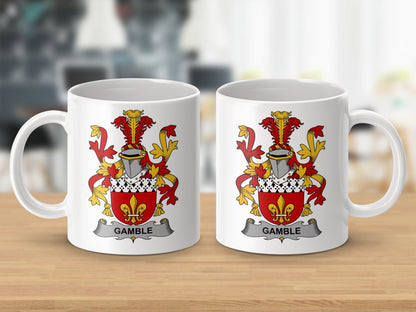 Physical Item 11oz / White Gamble Surname Irish Heraldry Coat of Arms Mug