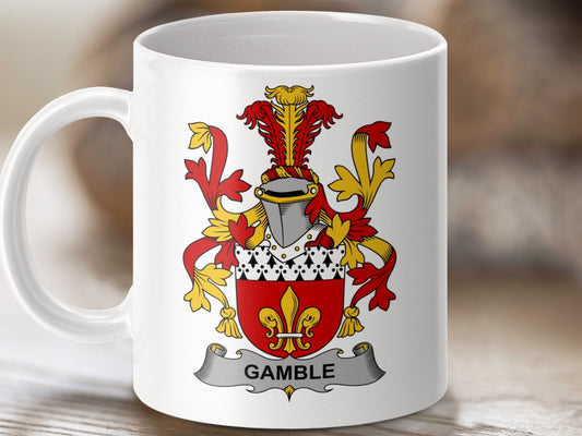 Physical Item 11oz / White Gamble Surname Irish Heraldry Coat of Arms Mug