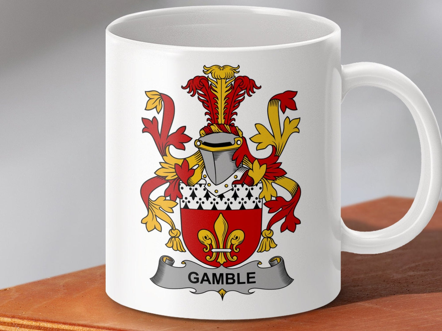 Physical Item 11oz / White Gamble Surname Irish Heraldry Coat of Arms Mug