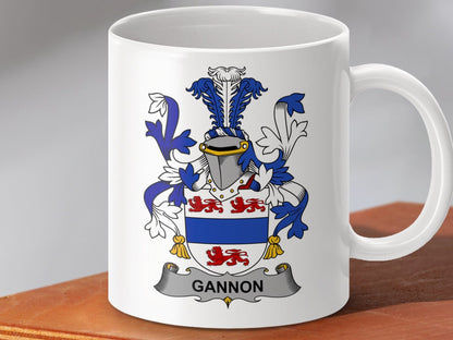 Physical Item 11oz / White Gannon Surname Irish Heraldry Coffee or Tea Mug