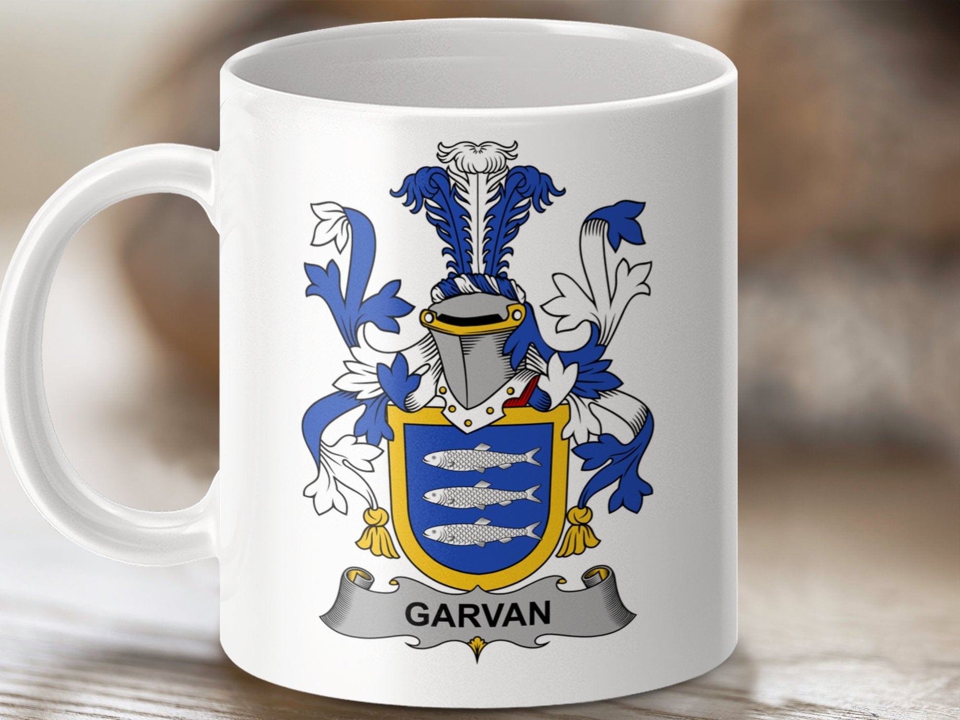 Physical Item 11oz / White Garvan Surname Irish Heraldry Ceramic Mug