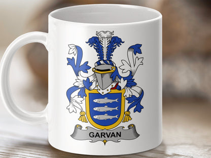 Physical Item 11oz / White Garvan Surname Irish Heraldry Ceramic Mug