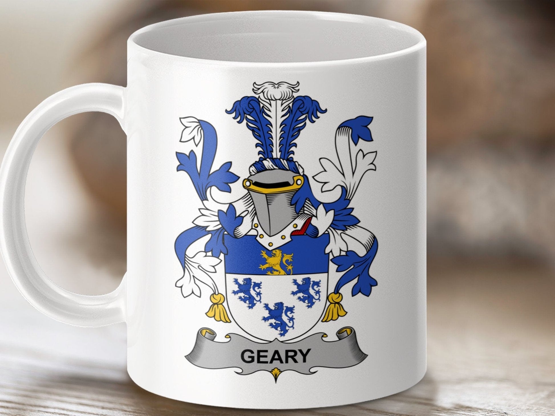 Physical Item 11oz / White Geary Surname Irish Heraldry Ceramic Coat of Arms Mug