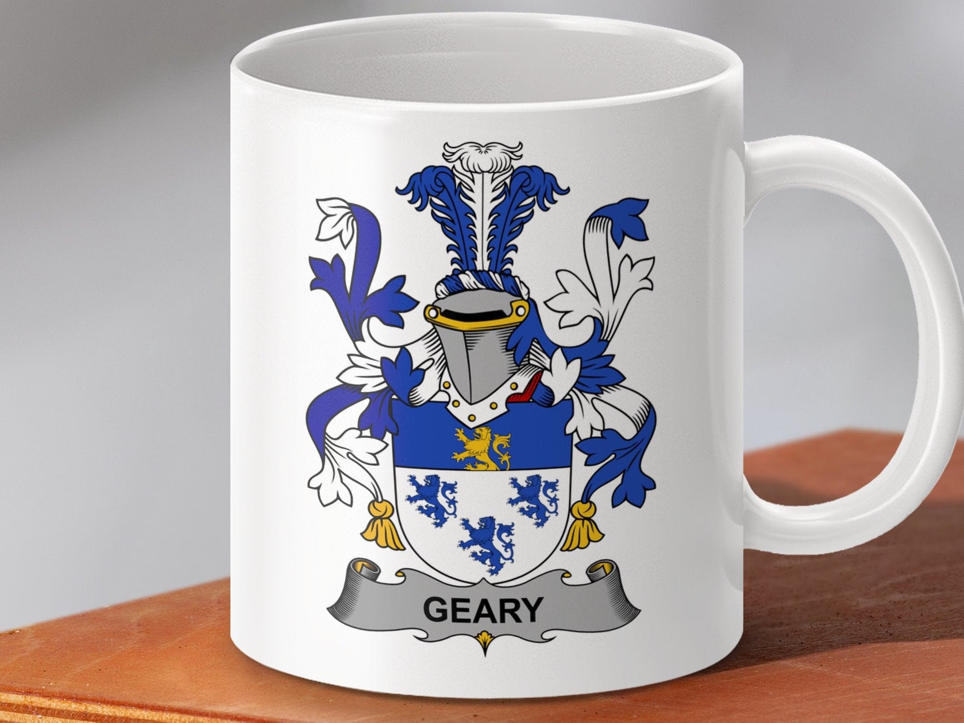 Physical Item 11oz / White Geary Surname Irish Heraldry Ceramic Coat of Arms Mug