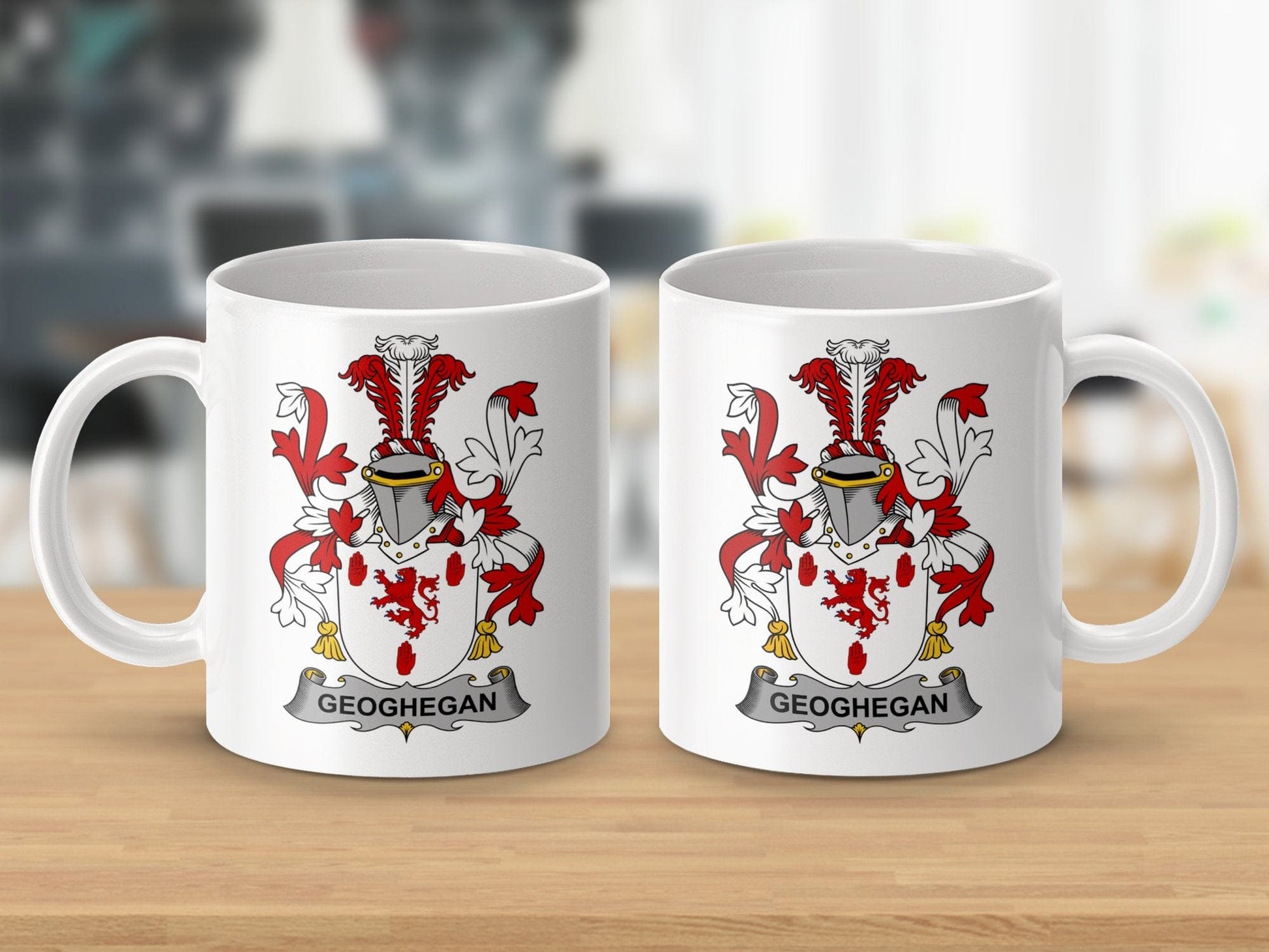 Physical Item 11oz / White Geoghegan Surname Irish Heraldry Ceramic Mug