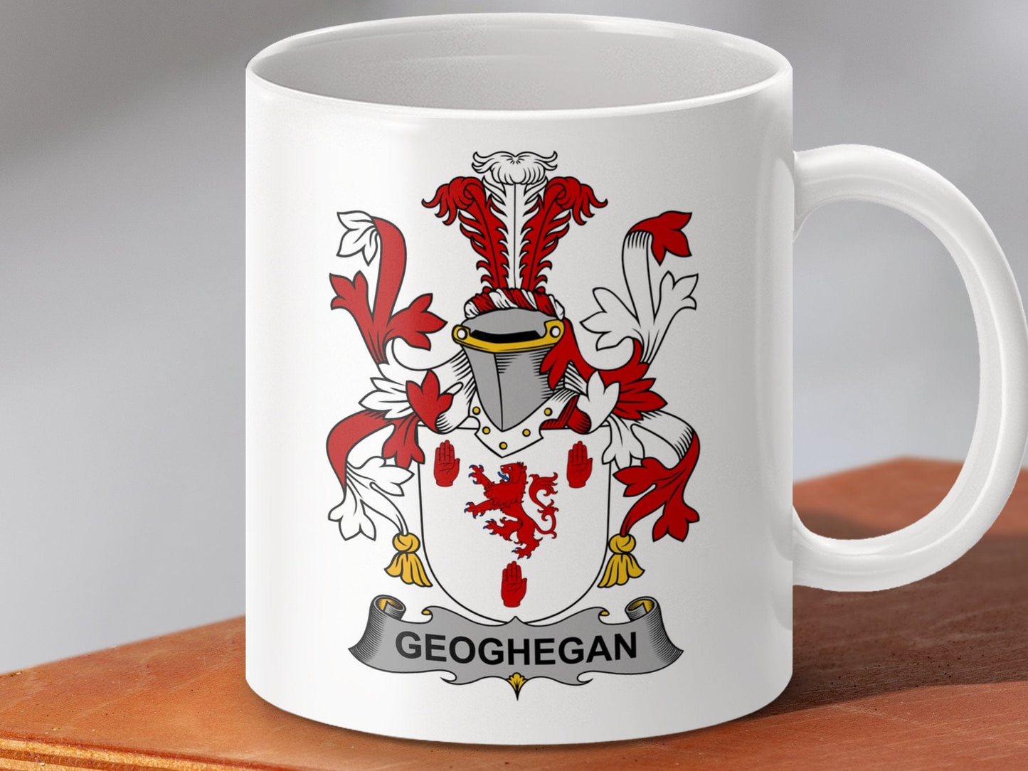 Physical Item 11oz / White Geoghegan Surname Irish Heraldry Ceramic Mug