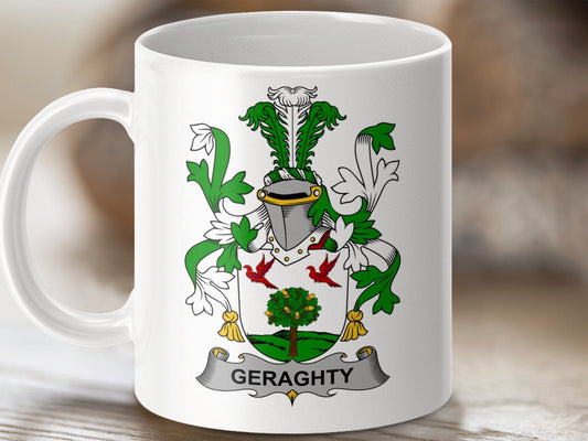 Physical Item 11oz / White Geraghty Surname Irish Heraldry Ceramic Mug