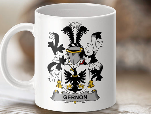 Physical Item 11oz / White Gernon Surname Irish Heraldry Coat of Arms Ceramic Mug