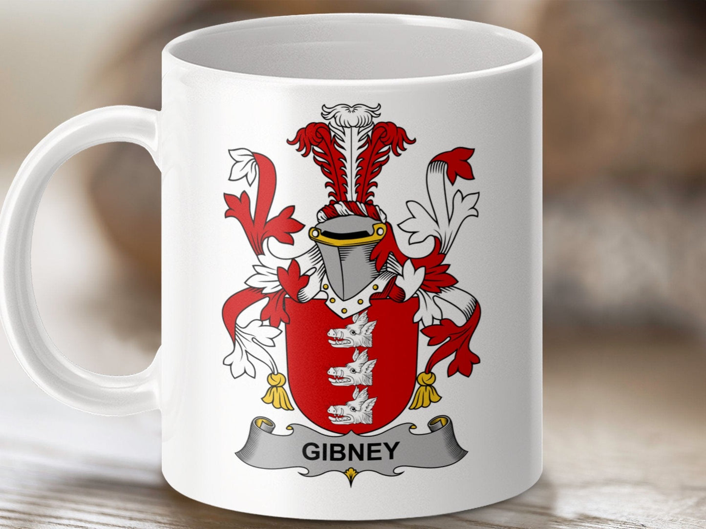 Physical Item 11oz / White Gibney Surname Irish Heraldry Ceramic Mug