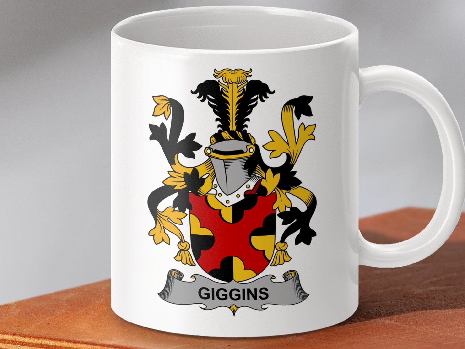 Physical Item 11oz / White Giggins Surname Irish Coat of Arms Heraldry Mug