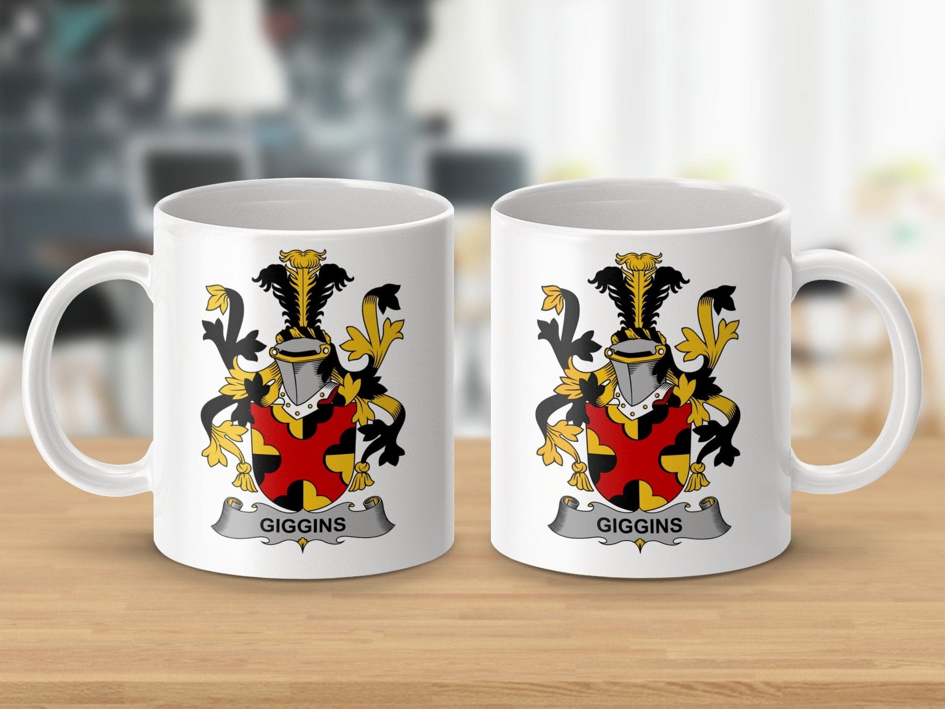 Physical Item 11oz / White Giggins Surname Irish Coat of Arms Heraldry Mug