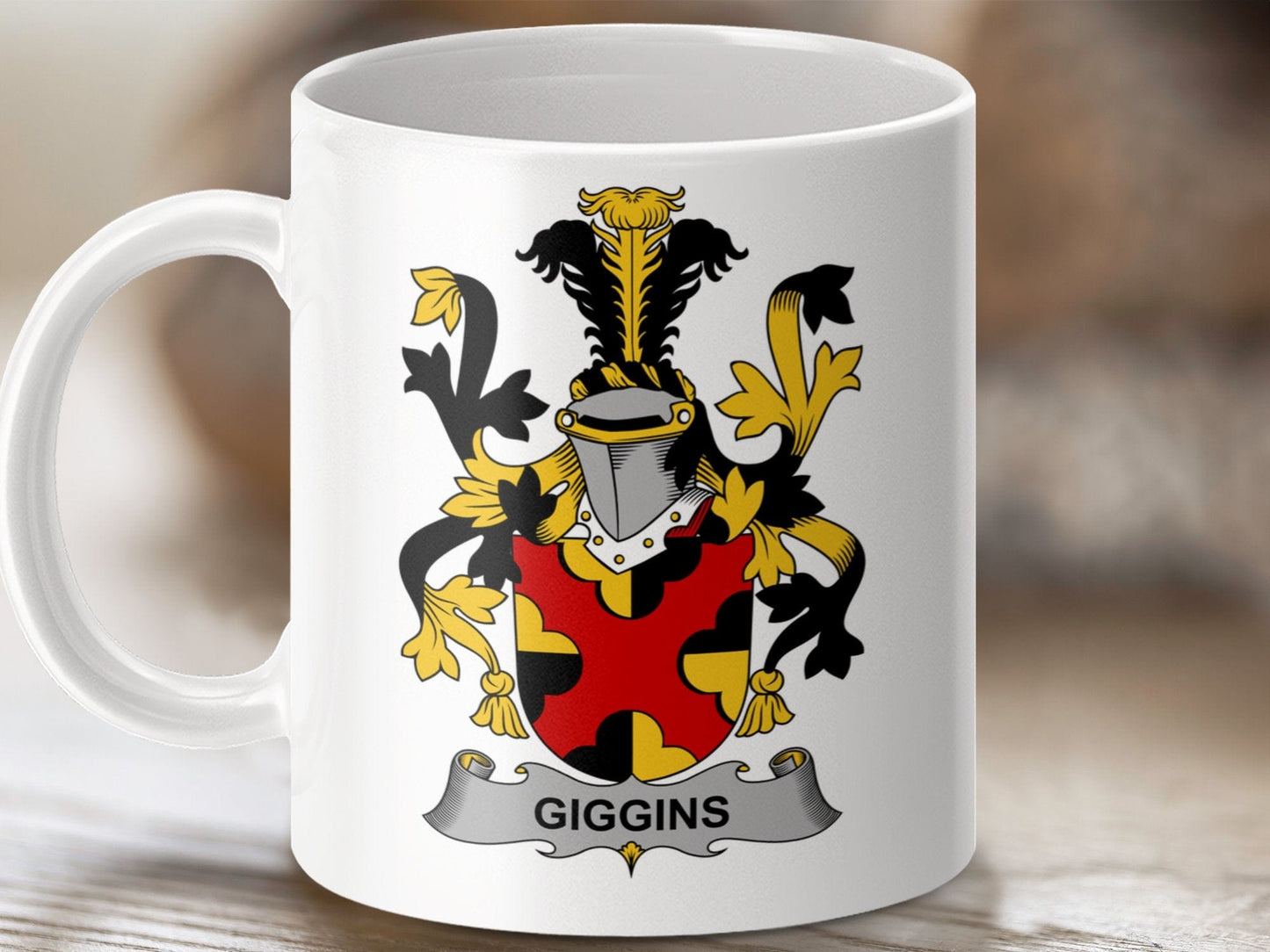 Physical Item 11oz / White Giggins Surname Irish Coat of Arms Heraldry Mug