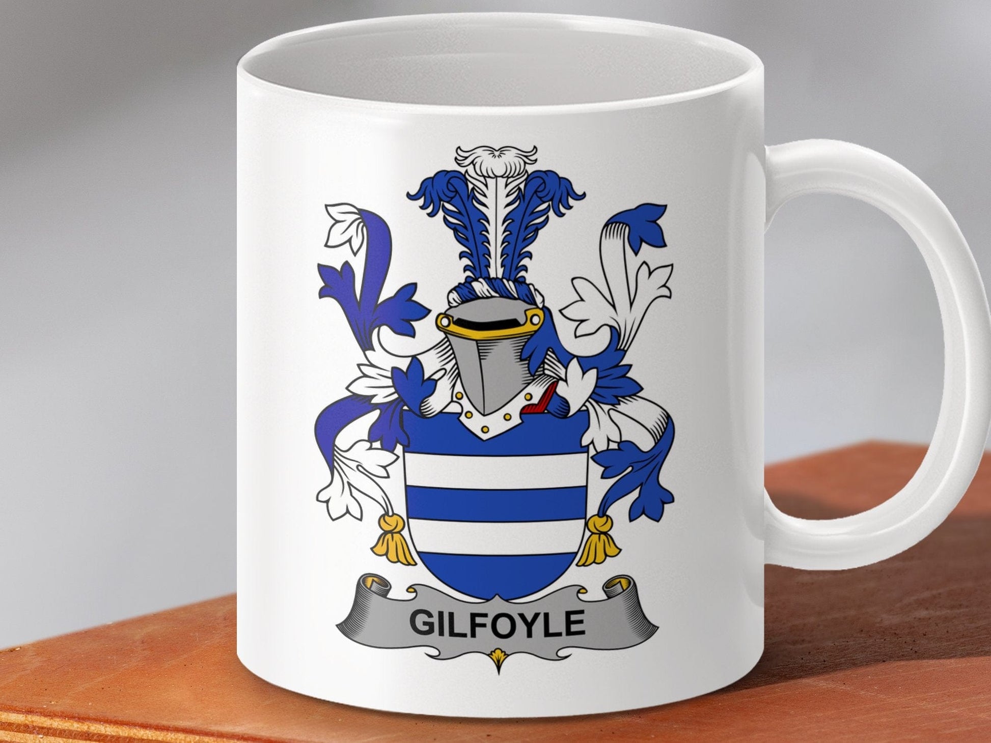 Physical Item 11oz / White Gilfoyle Surname Irish Heraldry Ceramic Mug