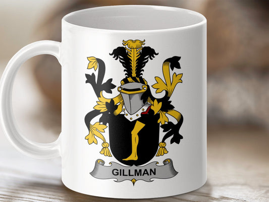 Physical Item 11oz / White Gillman Surname Irish Coat of Arms Heraldry Mug