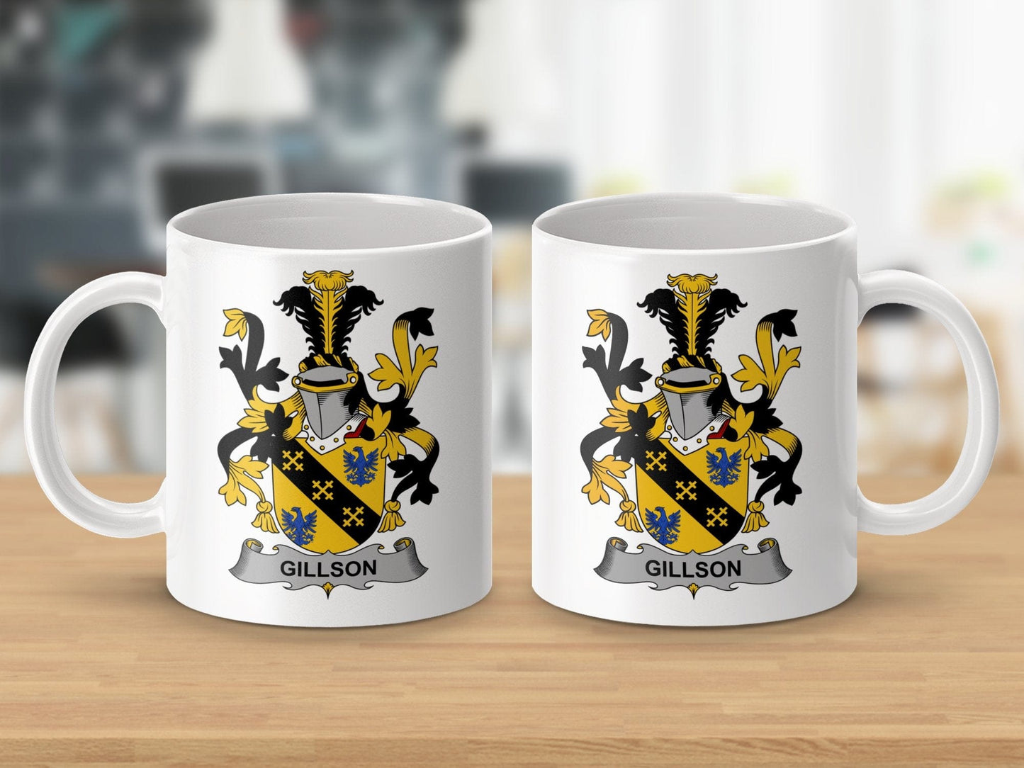 Physical Item 11oz / White Gillson Surname Irish Heraldry Family Crest Mug