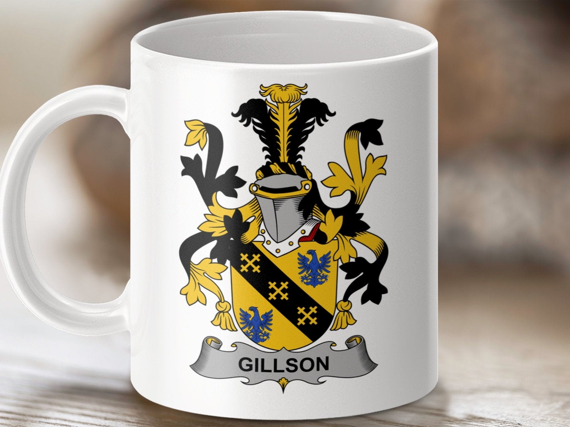 Physical Item 11oz / White Gillson Surname Irish Heraldry Family Crest Mug