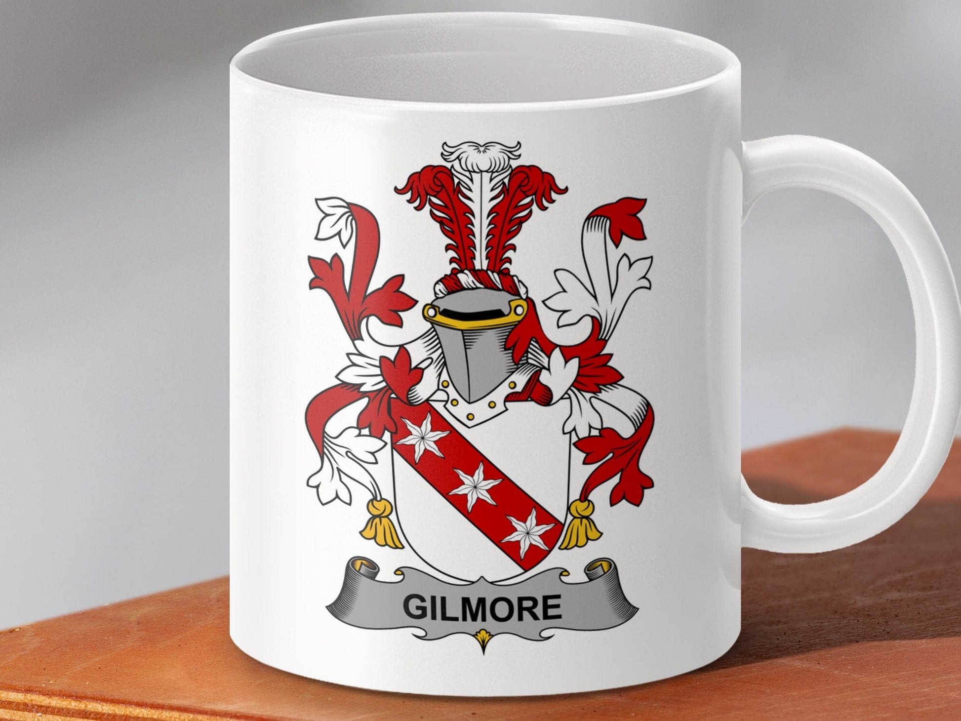 Physical Item 11oz / White Gilmore Surname Irish Heraldry Ceramic Coffee Mug