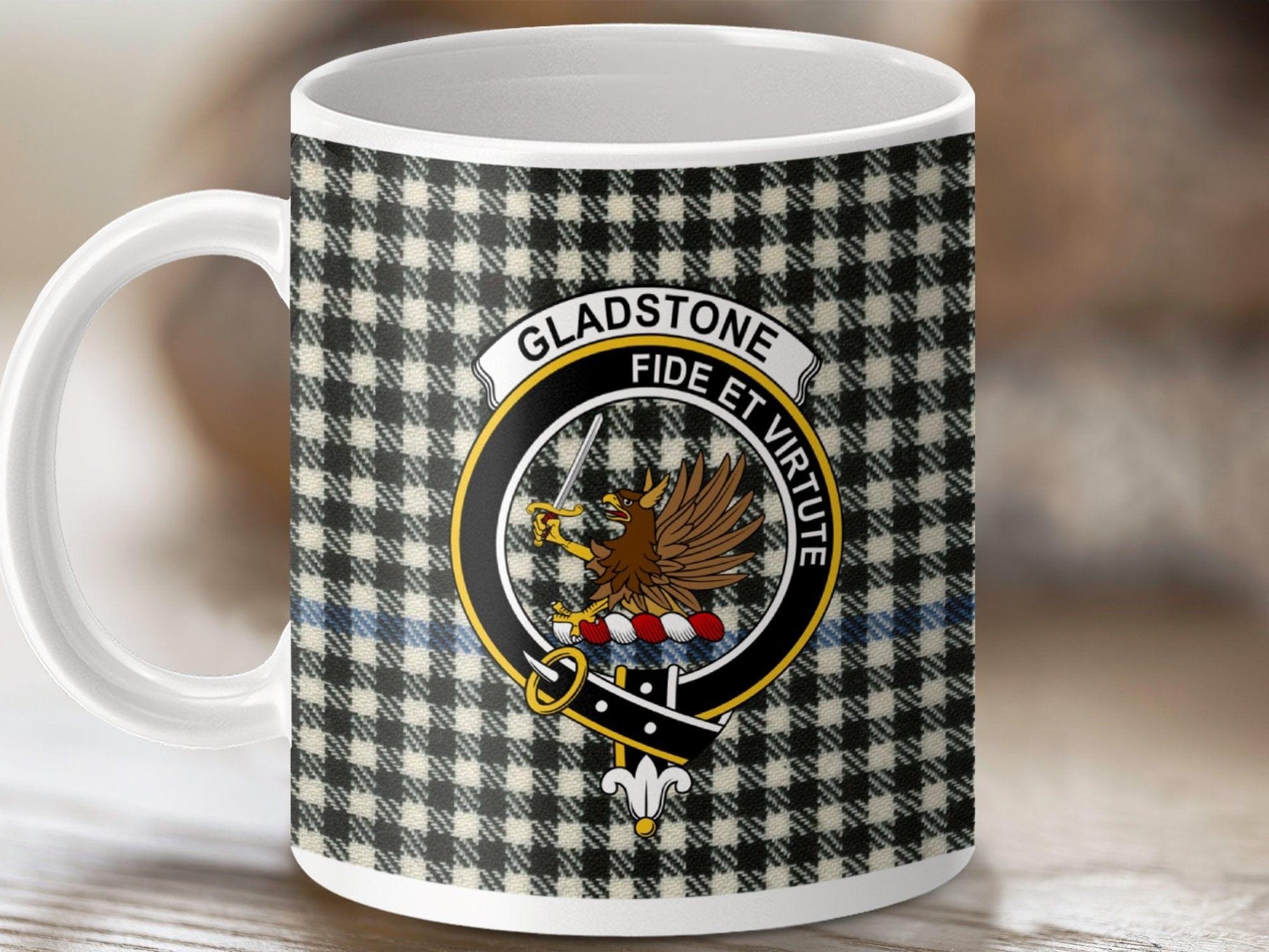 Physical Item 11oz / White Gladstone Clan Crest Tartan Scottish Mug
