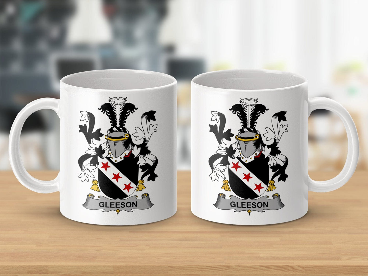 Physical Item 11oz / White Gleeson Surname Irish Heraldry Ceramic Mug