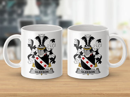 Physical Item 11oz / White Gleeson Surname Irish Heraldry Ceramic Mug