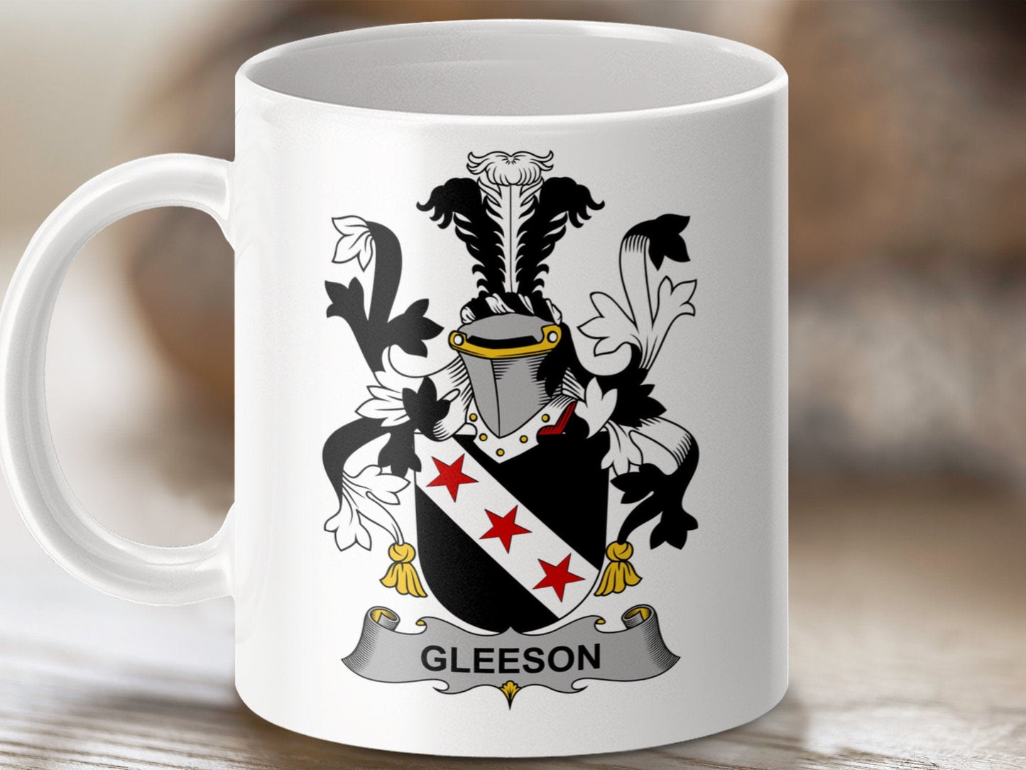 Physical Item 11oz / White Gleeson Surname Irish Heraldry Ceramic Mug