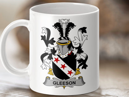 Physical Item 11oz / White Gleeson Surname Irish Heraldry Ceramic Mug